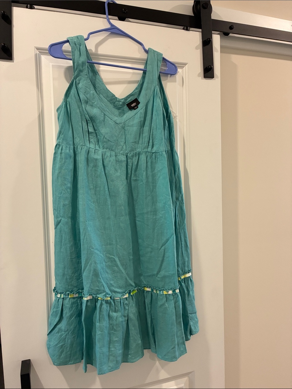 💯 Linen Large Sleeveless V-Neck Midi Dress Turquoise Blue Green NWOT Massimo